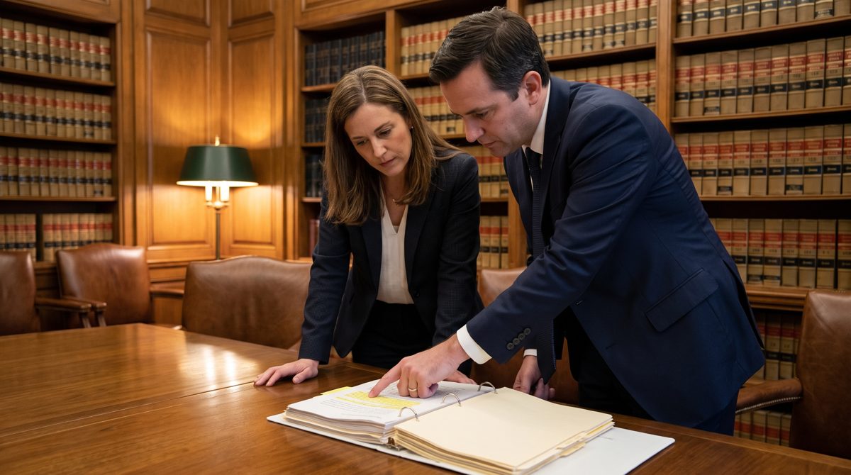 Examen d'un dossier de jurisprudence dans une bibliothèque juridique
