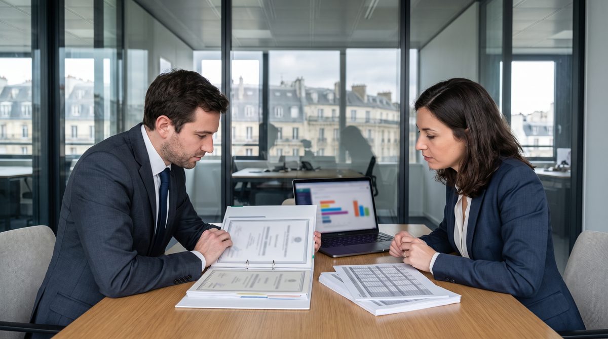 Deux dirigeants examinent les attestations d'un sous-traitant